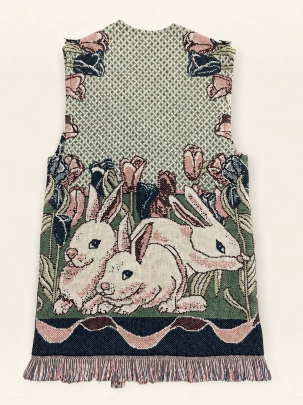 Sugar Street Weavers Rabbit Tulip Tapestry Fringe Vest M Cottagecore Folk Art - Picture 6 of 16